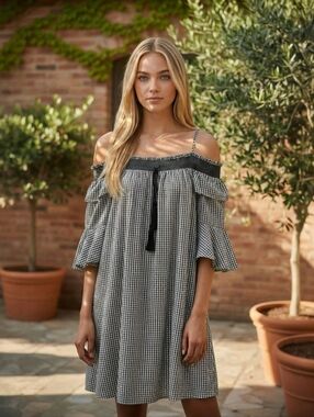 Black & White Gingham Off-Shoulder Mini Dress